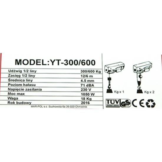 Электротельфер, лебедка с дистанционным управлением 300 / 600кг, 1200Вт, 230В, YT-300/600, M80790