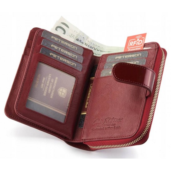 Sieviešu naudas maks, āda, RFID, PETERSON BC-602-1448, sarkans