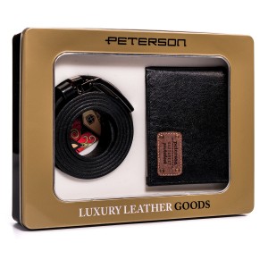 Кошелёк мужской кожаный, ремень, PETERSON PTN ZM49, чёрный, Подарочный набор