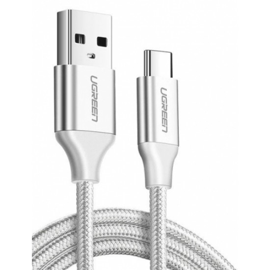 Datu, uzlādes kabelis USB-C, QC3.0, 0.5m ar alumīnija aizbāzni, niķelēts, Ugreen US288, 60130, balts