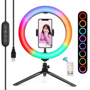 Selfie riņķa lampa ar telefona turētāju, pults, 26cm, RGBW LED, Puluz Vlogging PKT3082B