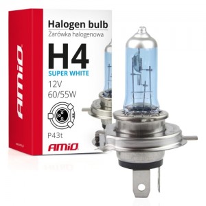 Auto halogēna spuldze H4, 12V, 60/55W, UV filter (E4) Super White, Amio 01269