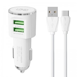 Ldnio DL-C29 auto lādētājs, 2x USB, 3.4A + USB-C kabelis (balts)