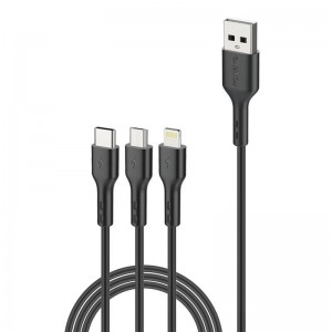 Foneng X36 3in1 USB uz USB-C / Lightning / Micro USB kabelis, 2.4A, 2m (melns)