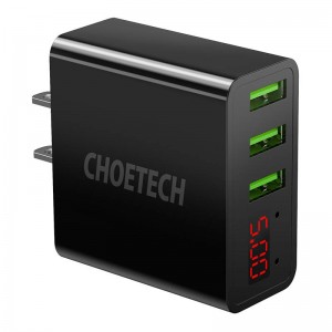 Настенное зарядное устройство Choetech Choetech C0026, штекер США, 3x USB-C с цифровым дисплеем 15 Вт (черный)
