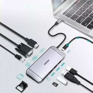 Choetech 9in1 daudzfunkcionāls C tipa USB HUB - 3x USB 3.2 Gen 1 / SD un TF karšu lasītājs / HDMI 4K 30Hz / VGA Full HD 60Hz / C tipa USB / RJ45 pelēks (HUB-M15 pelēks)