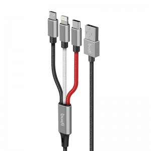 Budi 3-in-1 USB uz Lightning / USB-C / Micro USB kabelis Budi 2.4A, 1m, pīts (melns)