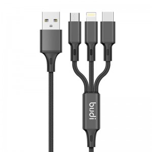 Budi automašīnas lādētājs, 2x USB, 2.4A + 3in1 USB uz USB-C / Lightning / Micro USB kabelis (melns)