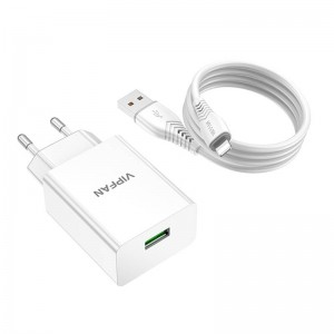 Vipfan tīkla lādētājs Vipfan E03, 1x USB, 18W, QC 3.0 + Lightning kabelis (balts)
