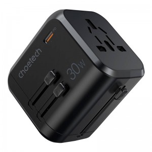 Choetech Travel sienas lādētājs Choetech PD5008, 3xUSB-A, 1xUSB-C, GaN, 30W (melns)