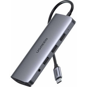 Ugreen 10in1 adapteris UGREEN USB-C uz HDMI 4K, 3x USB 3.0, Type-C, RJ45, SD, Micro SD, AUX (pelēks)