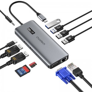 Choetech adapteris 12w1 Choetech HUB-M26 USB-C USB-C+ USB-A+ HDMI+ VGA+ AUX+ SD+ TF (pelēks)