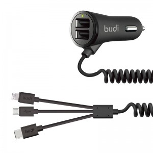 Budi Auto lādētājs 2x USB Budi 068T3, 3.4A + cabel 3in1 USB do USB-C / Lightning / Micro USB (melns)