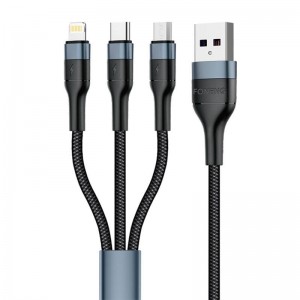 Foneng X51 3in1 USB uz USB-C / Micro USB / Lightning kabelis, 3A, 1m (melns)