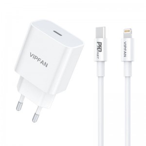 Vipfan sienas lādētājs Vipfan E04, USB-C, 20W, QC 3.0 + Lightning kabelis (balts)