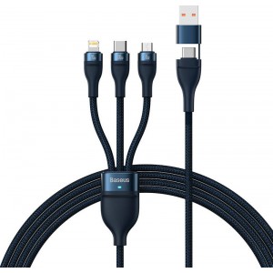 Baseus 3in1 USB kabelis Baseus Flash Series 2, USB-C + micro USB + Lightning, 100W, 1.2m (zils)