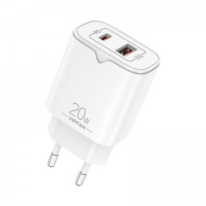 Vipfan tīkla lādētājs Vipfan E08, USB + USB-C, 20W PD + QC 3.0 (balts)