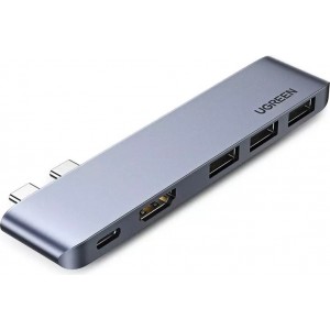 Ugreen Multifunctional HUB UGREEN 2x USB Type C to USB Type C PD (Thunderbolt 3, 100W, 4K@60 Hz, 10 Gbps) / HDMI 4K@30 Hz / 3x USB 3.0 for MacBook Pro / Air gray (60559)
