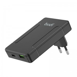 Budi universālais sienas lādētājs, USB + USB-C, PD 65W + EU/UK/US/AU adapteri (melns)