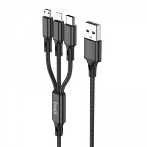 Budi 3in1 USB uz USB-C / Lightning / Micro USB kabelis 1m (melns)