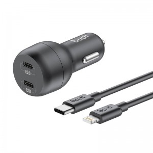 Автомобильное зарядное устройство Budi, 2x USB-C, 40 Вт, PD + USB-C — кабель Lightning (черный)