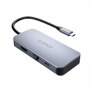 Orico adaptera centrmezgls Orico 6-in-1, HDMI 4K + 3x USB 3.0 + RJ45+ USB-C PD 100W