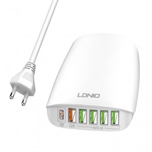 Ldnio sienas lādētājs LDNIO A6573C EU 5USB, USB-C 65W + Strāvas vads