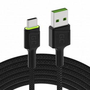 Zaļo šūnu kabelis USB - USB-C Green Cell GC Ray, 120cm, zaļa LED, ar Ultra Charge, QC 3.0