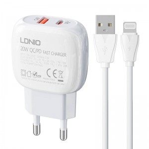 Настенное зарядное устройство Ldnio LDNIO A2313C USB, USB-C 20 Вт + кабель USB-Lightning