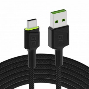 Zaļo šūnu kabelis USB - USB-C Green Cell GC Ray, 200cm, zaļš LED, ar Ultra Charge, QC 3.0