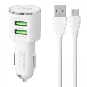 Ldnio DL-C29 auto lādētājs, 2x USB, 3.4A + Micro USB kabelis (balts)