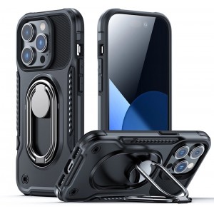 Joyroom Dual Hinge case for iPhone 14 Pro armored case with a stand and a ring holder black (universal)