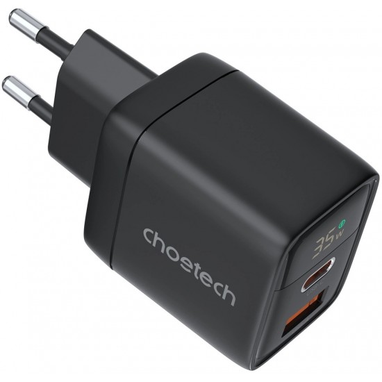 Choetech PD6052 USB-C USB-A PD 35W GaN wall charger with display - black (universal)