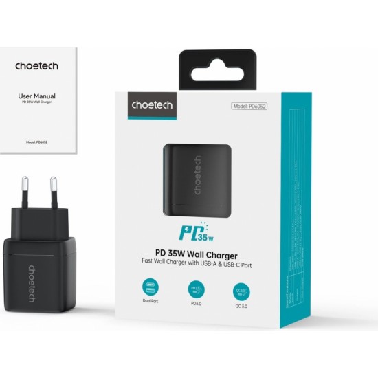 Choetech PD6052 USB-C USB-A PD 35W GaN wall charger with display - black (universal)