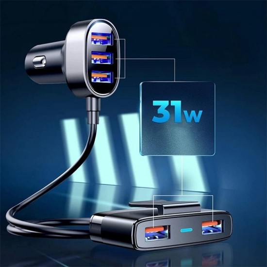Joyroom fast car charger 5x USB 6.2 A with extension cable black (JR-CL03) (universal)