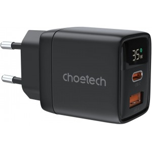 Choetech PD6052 USB-C USB-A PD 35W GaN wall charger with display - black (universal)