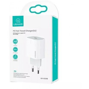 Usams Wall charger 1x USB-C T34 20W 5V-3A (only head) PD3.0 Fast Charging white/white CC118TC01 (US-CC118)