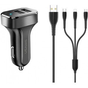 Usams Универсальная авто зарядка с х2 USB 2.1A с кабелем 3в1 USB Cable Micro USB / Type-C / Lightning Черный