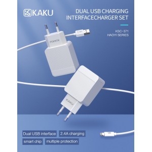 Ikaku Kaku KSC-371 Set 2in1 Gudrais Divu USB Ligzdu 2.4A Tīkla Lādētājs + USB uz Lightn  vads 1m