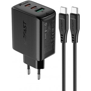 Acefast 2in1 wall charger 2x USB-C / USB-A 65W, PD, QC 3.0, AFC, FCP (set with USB-C 1.2m cable) black (A13 black) (universal)