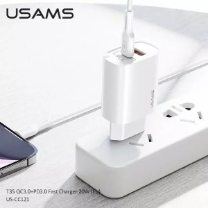 Usams Wall charger 1x USB-C 1x USB T35 20W (only head) PD3.0 QC3.0 Fast Charging white/white CC121TC01 (US-CC121)