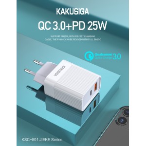 Ikaku KSC-501 2в1 Разъем PD QC3.0 Type-C 25Вт Зарядное Устройство USB White