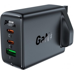 Acefast charger GaN 65W 3 ports (1xUSB, 2xUSB C PD) UK plug black (A44) (universal)