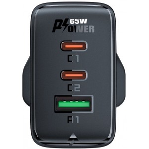 Acefast charger GaN 65W 3 ports (1xUSB, 2xUSB C PD) UK plug black (A44) (universal)