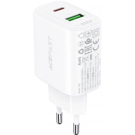 Acefast wall charger USB Type C / USB 20W, PPS, PD, QC 3.0, AFC, FCP white (A25 white) (universal)