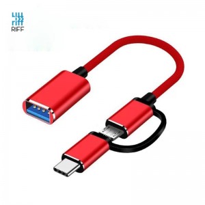 Riff V8 2 в 1 OTG Host Адаптер Кабель Type-C + Micro USB папа на USB 3.0 Type A 15.5cm Красный OEM