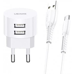 Usams Wall charger 2xUSB T20 2.1A USB-C white/white round Fast Charging XTXLOGT18TC05