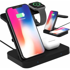 4Kom.pl QI 15W 3in1 Induction Wireless Charger Foldable Alogy Docking Station for Apple iPhone / Watch / AirPods Black