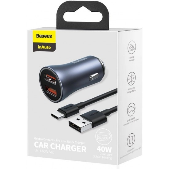 Baseus Golden Contactor Pro fast car charger 2x USB 40 W Quick Charge SCP FCP AFC + USB cable - USB Type C gray (TZCCJD-A0G) (universal)