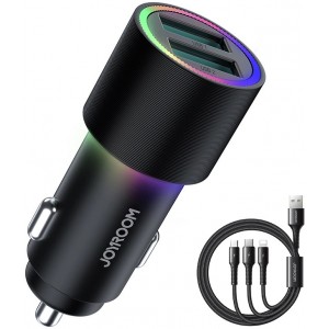 Joyroom car charger 2 x USB with illumination 24W + power cable 3in1 USB Type C / micro USB / Lightning 1.2m black (JR-CL10) (universal)
